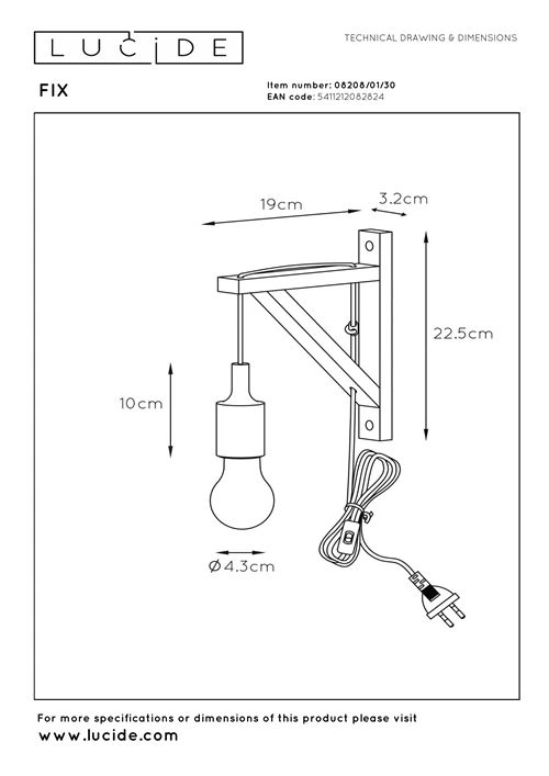 Lucide FIX - Lámpara de pared - 1xE27 - Negro - técnico